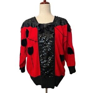 Vtg Bonnie & Bill by Holly L Red Black Embellished Velvet Floral Sweater Sequins